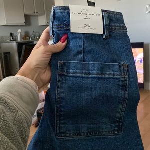 Brand New Women Zara Zw Marine High Rise Straight Jeans